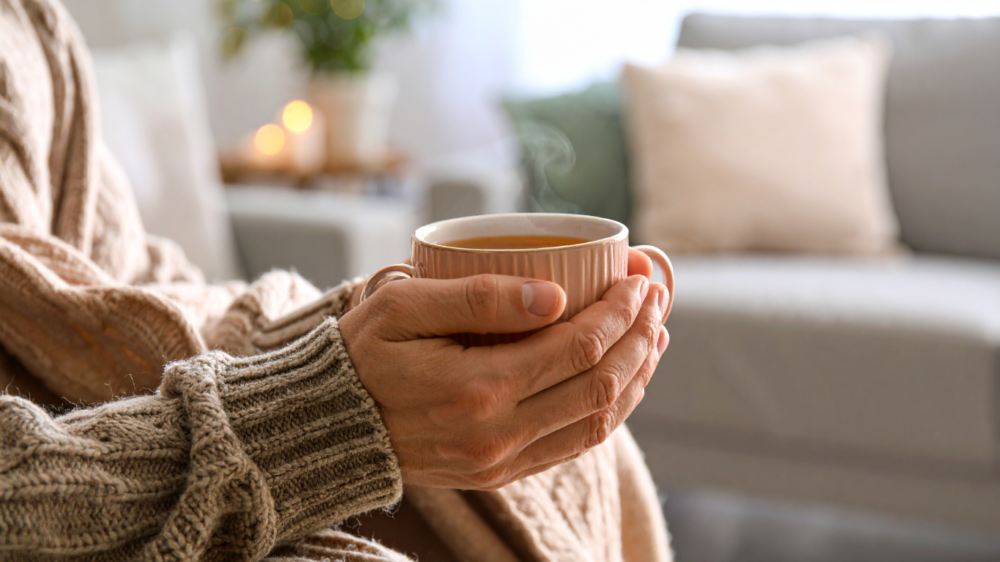 Hände die eine Tasse in der Hand halten